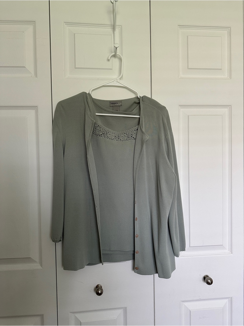 Designers Originals Sage Green Crochet-Trim Cardigan & Shell